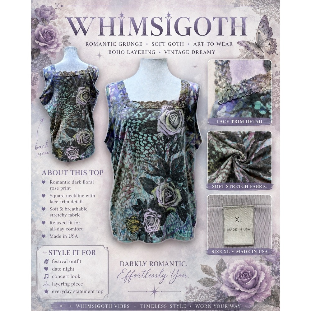 Tank‎ Top Gray Purple Floral Women's XL Lace Trim Whimsigoth Goth Rose Pink